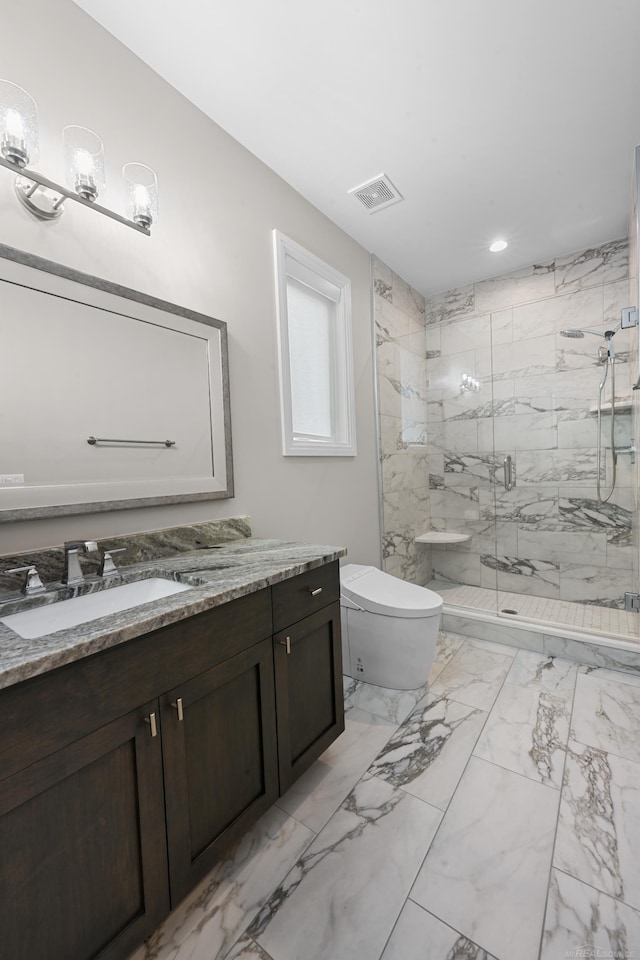 835 Crestwood Ln, Rochester Hills, MI 48309 - bathroom featuring toilet, marble look tile flooring, vanity, a marble finish shower, and recessed lighting