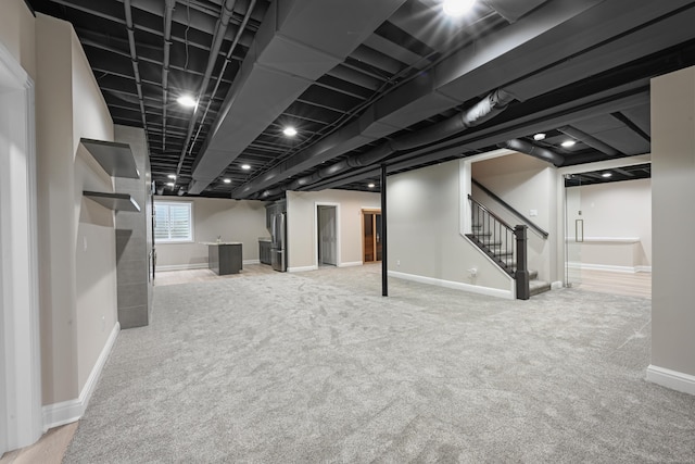 835 Crestwood Ln, Rochester Hills, MI 48309 - below grade area with carpet, stairs, and baseboards
