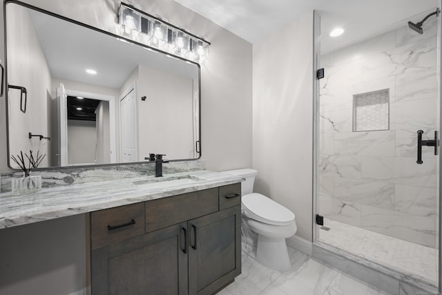 835 Crestwood Ln, Rochester Hills, MI 48309 - full bathroom featuring marble look tile flooring, a marble finish shower, toilet, vanity, and recessed lighting