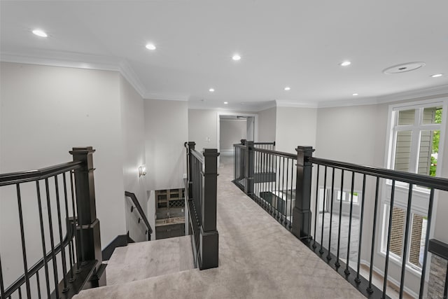 835 Crestwood Ln, Rochester Hills, MI 48309 - corridor with an upstairs landing, recessed lighting, carpet floors, crown molding, and baseboards