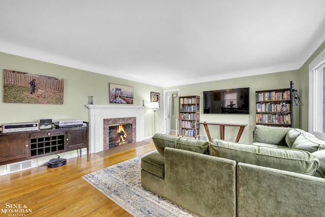 living area featuring a fireplace and wood finished floors