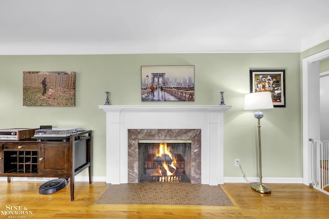 living area featuring wood finished floors, a high end fireplace, and baseboards