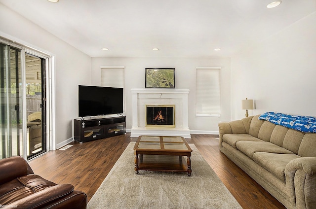 living area featuring dark wood-type flooring, recessed lighting, baseboards, and a fireplace