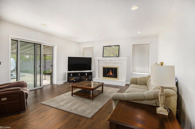 living area featuring dark wood finished floors, a glass covered fireplace, baseboards, and recessed lighting