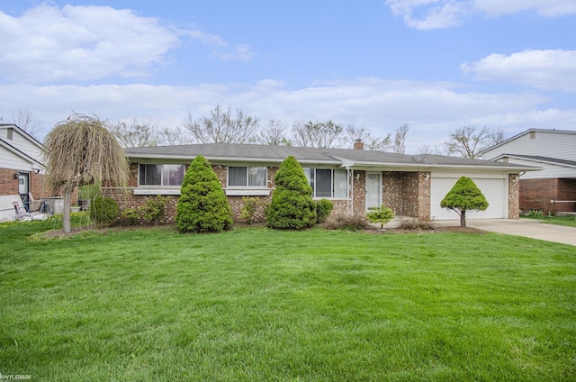single story home with brick siding, driveway, an attached garage, a front yard, and a chimney
