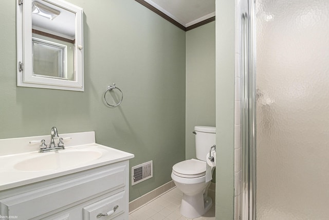full bath with toilet, tile patterned flooring, crown molding, vanity, and a shower with shower door