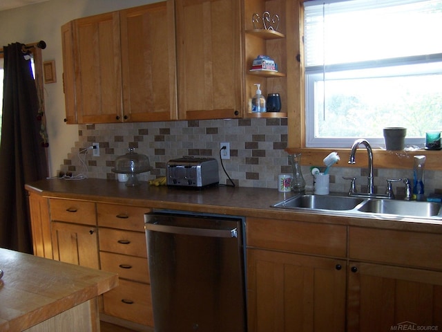kitchen with dishwasher, a sink, backsplash, and open shelves