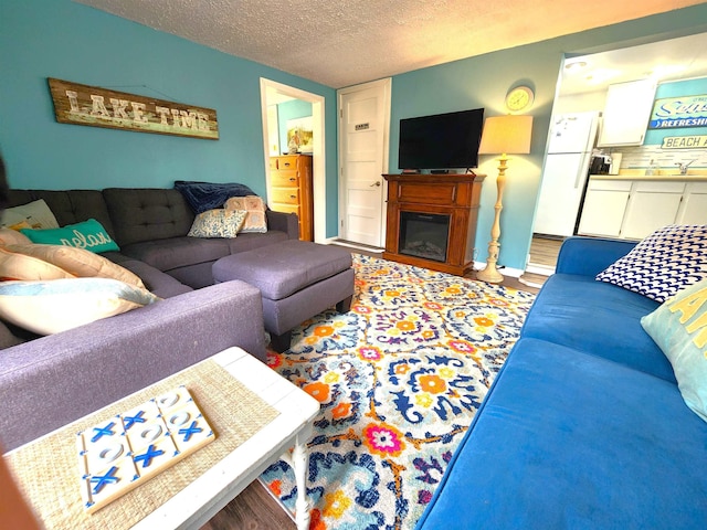 6494 Birch St, Gladwin, MI 48624 - living room featuring a textured ceiling and a glass covered fireplace