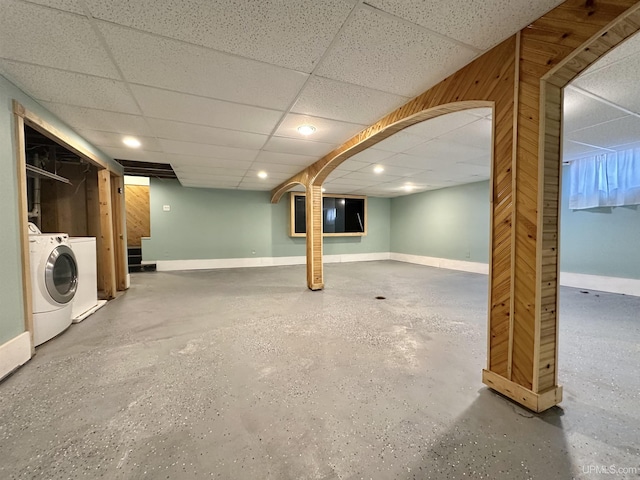 1400 W Hughitt St, Iron Mountain, MI 49801 - finished below grade area featuring baseboards, recessed lighting, washing machine and clothes dryer, and a paneled ceiling