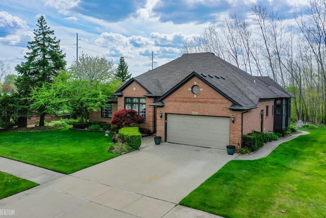 view of front of property with brick siding, a garage, concrete driveway, a front lawn, and roof with shingles