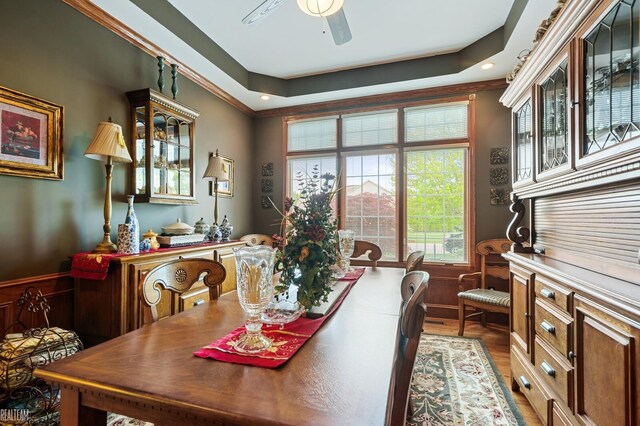 dining room featuring plenty of natural light, wainscoting, a ceiling fan, a tray ceiling, and wood finished floors