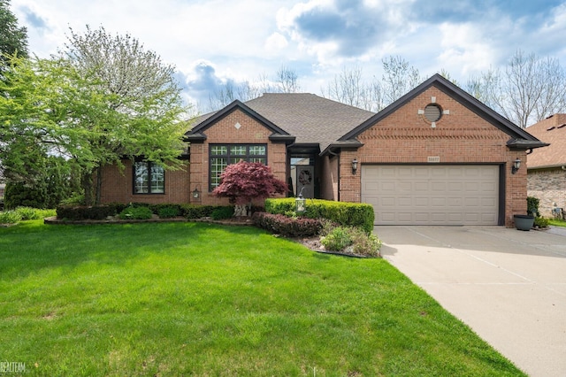 view of front of house featuring brick siding, a garage, concrete driveway, and a front yard