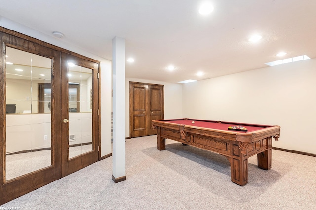 playroom with light colored carpet, french doors, baseboards, pool table, and recessed lighting