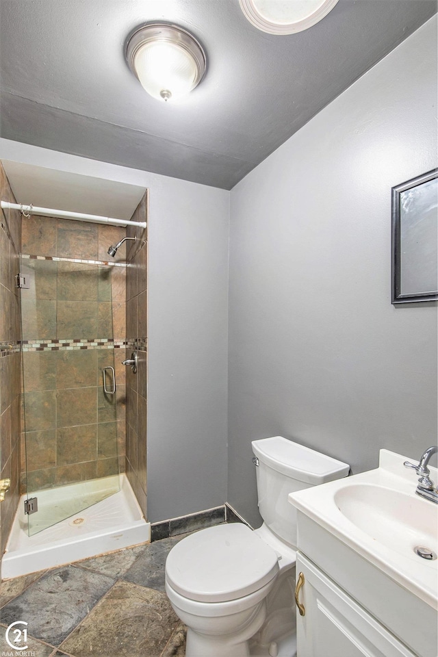 6424 Hunters Creek Rd, Imlay City, MI 48444 - full bathroom featuring a stall shower, toilet, vanity, and stone finish flooring