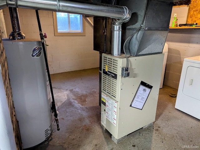 utilities featuring gas water heater, washer / clothes dryer, and heating unit