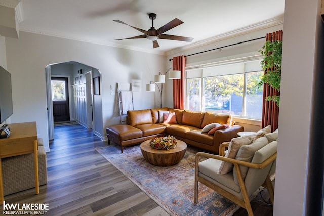 living room with arched walkways, wood finished floors, healthy amount of natural light, and ornamental molding