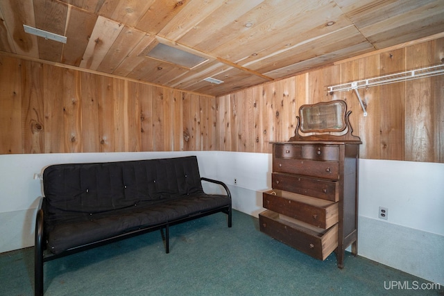 25358 Branch Rd, Michigamme, MI 49861 - living area with wood ceiling, wood walls, and carpet