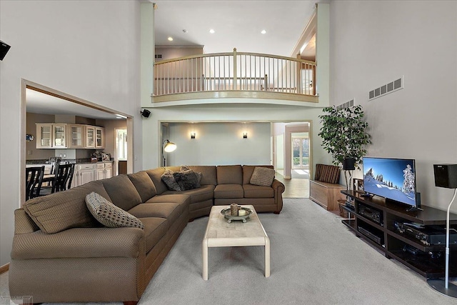 53633 Cherrywood Dr, Shelby Twp, MI 48315 - living area featuring a high ceiling, carpet, and recessed lighting