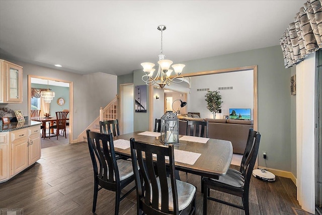 53633 Cherrywood Dr, Shelby Twp, MI 48315 - dining area featuring a chandelier, stairs, baseboards, dark wood-style floors, and recessed lighting