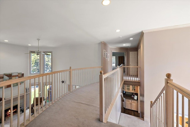 53633 Cherrywood Dr, Shelby Twp, MI 48315 - corridor with an upstairs landing, recessed lighting, carpet flooring, and ornamental molding