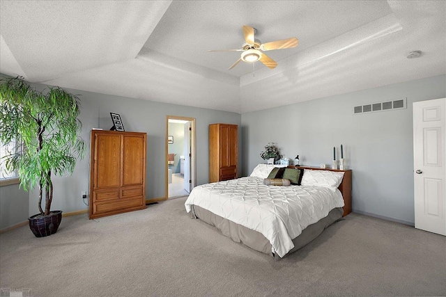 53633 Cherrywood Dr, Shelby Twp, MI 48315 - bedroom with light colored carpet, a tray ceiling, baseboards, a textured ceiling, and a ceiling fan