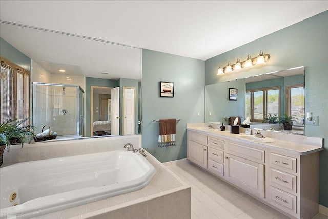 53633 Cherrywood Dr, Shelby Twp, MI 48315 - full bathroom featuring a stall shower, a jetted tub, double vanity, and tile patterned flooring