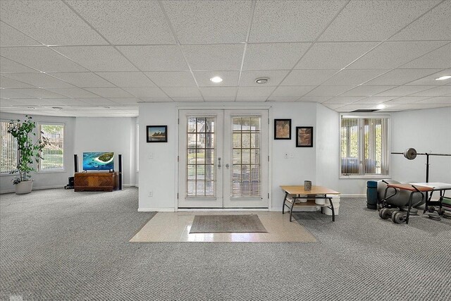 53633 Cherrywood Dr, Shelby Twp, MI 48315 - living area featuring carpet flooring, french doors, a drop ceiling, baseboards, and recessed lighting
