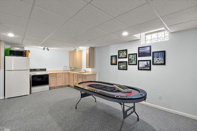 53633 Cherrywood Dr, Shelby Twp, MI 48315 - game room featuring light carpet, baseboards, a paneled ceiling, a sink, and recessed lighting