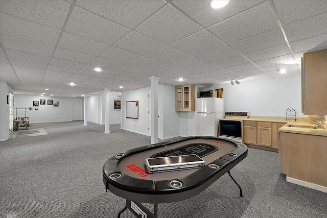 53633 Cherrywood Dr, Shelby Twp, MI 48315 - rec room featuring a sink, light carpet, a paneled ceiling, recessed lighting, and baseboards