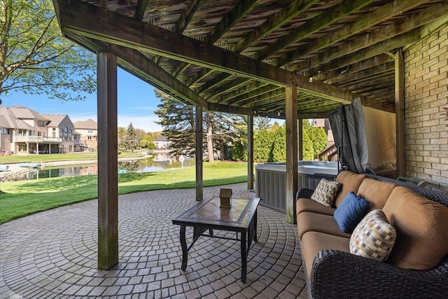 53633 Cherrywood Dr, Shelby Twp, MI 48315 - view of patio with a hot tub, a water view, and a residential view