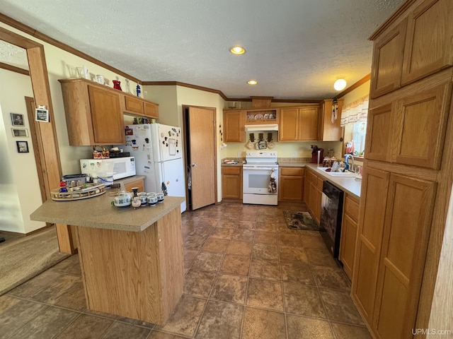 5278 27.5 Rd, Gladstone, MI 49837 - kitchen with white appliances, a sink, ornamental molding, a textured ceiling, and light countertops