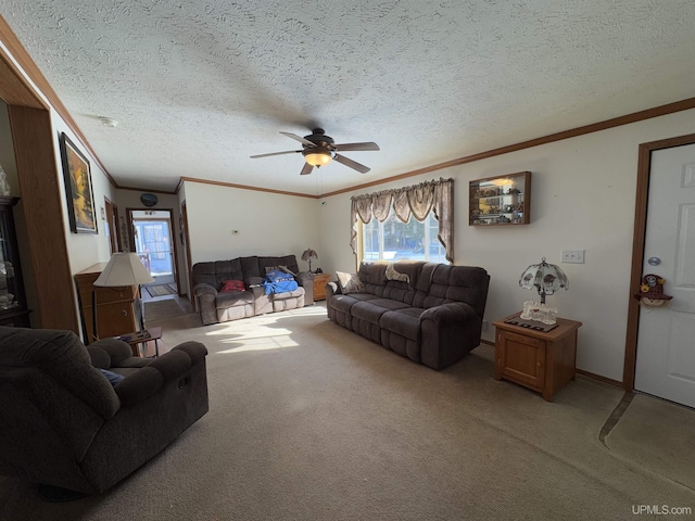 5278 27.5 Rd, Gladstone, MI 49837 - living area with light colored carpet, crown molding, a ceiling fan, plenty of natural light, and a textured ceiling