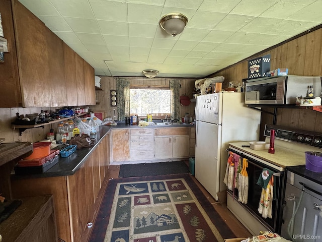 5278 27.5 Rd, Gladstone, MI 49837 - kitchen with range with electric stovetop, stainless steel microwave, freestanding refrigerator, a sink, and brown cabinets