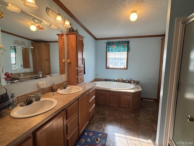 5278 27.5 Rd, Gladstone, MI 49837 - full bathroom featuring a textured ceiling, ornamental molding, a bath, and double vanity