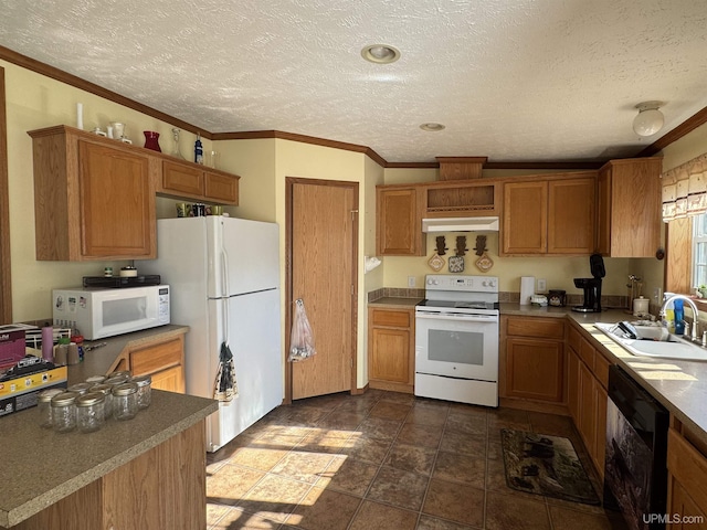5278 27.5 Rd, Gladstone, MI 49837 - kitchen featuring white appliances, a sink, extractor fan, a textured ceiling, and ornamental molding