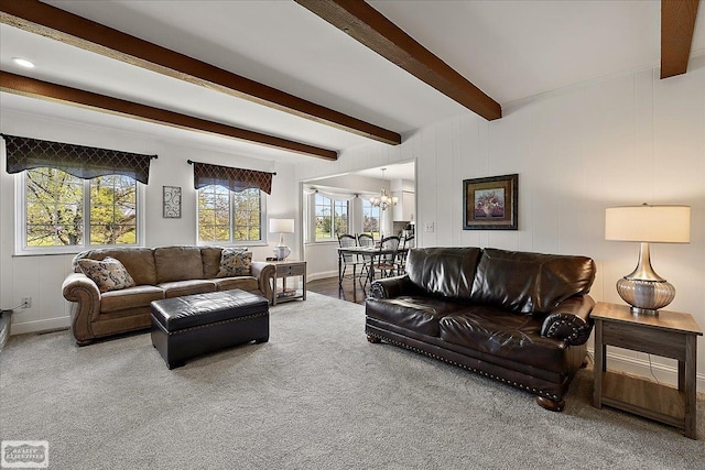 living room with beamed ceiling, a chandelier, carpet flooring, and baseboards