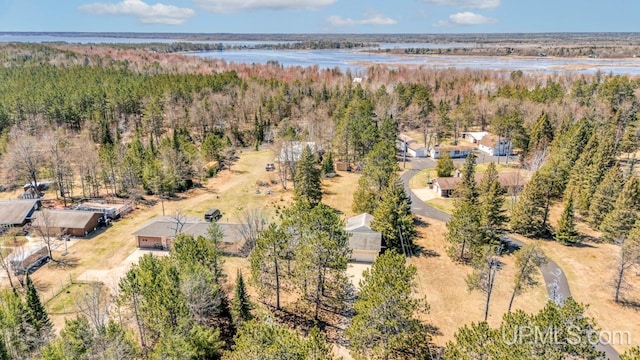 aerial view of property's location featuring a nearby body of water and a forest