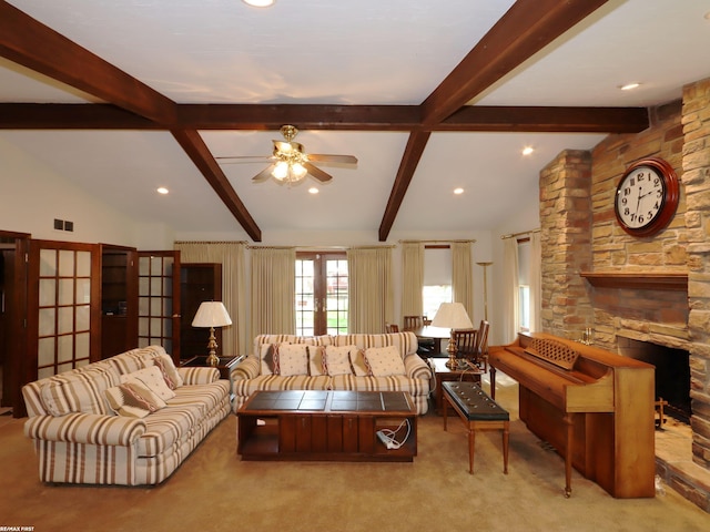 carpeted living room with ceiling fan, a fireplace, recessed lighting, and french doors