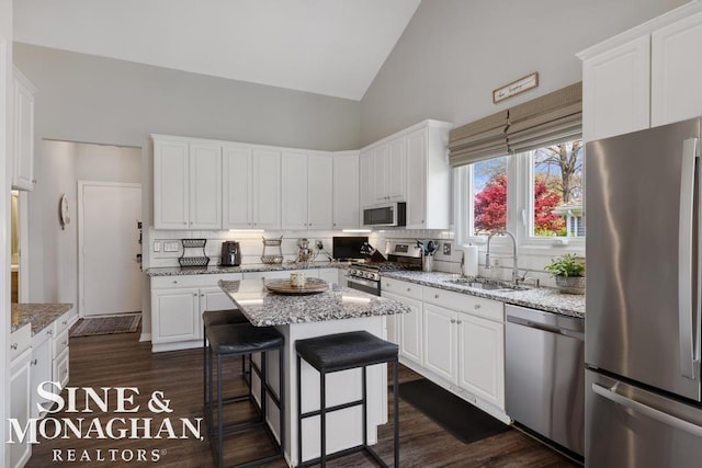 kitchen with appliances with stainless steel finishes, a sink, white cabinetry, tasteful backsplash, and high vaulted ceiling