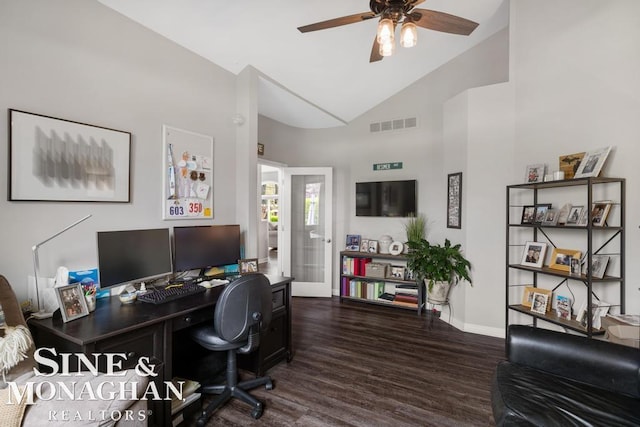 office space featuring ceiling fan, wood finished floors, baseboards, and high vaulted ceiling