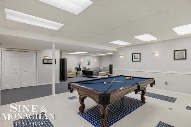 game room with baseboards, billiards table, and a drop ceiling