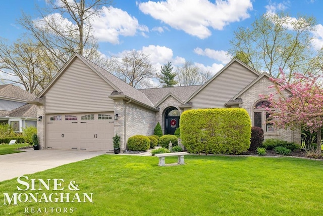 view of front of home with brick siding, a garage, driveway, a front lawn, and a shingled roof
