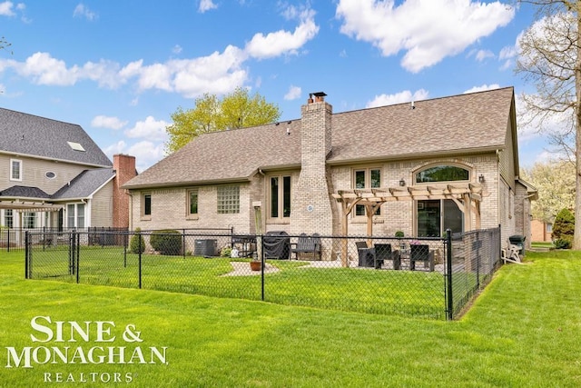 rear view of house featuring a pergola, brick siding, a shingled roof, and a chimney