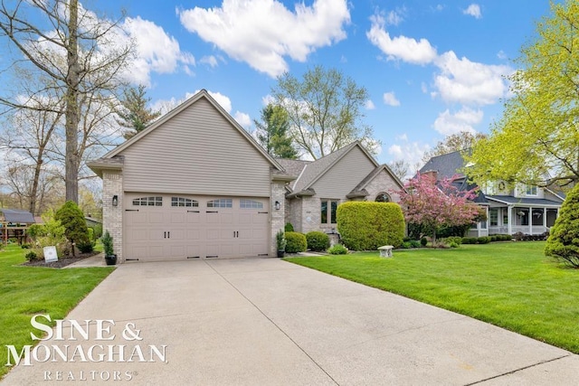 view of front of house featuring concrete driveway, an attached garage, brick siding, and a front lawn