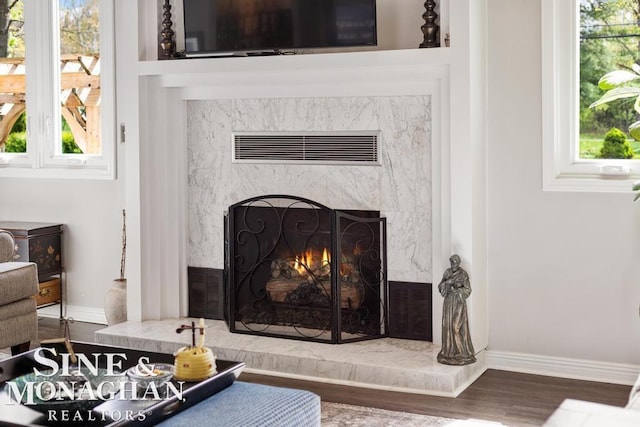 detailed view of a premium fireplace, baseboards, and wood finished floors