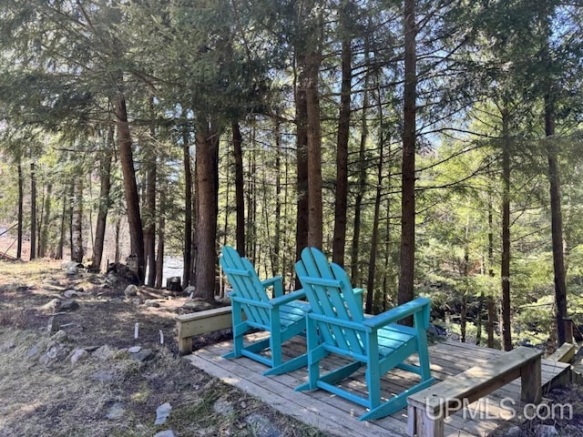 698 E River Dr, Lanse, MI 49946 - wooden terrace featuring a forest view