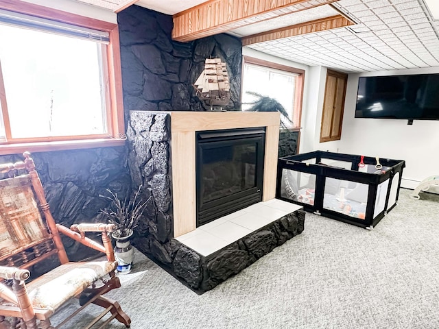 2246 Allen St, Marquette, MI 49855 - living room featuring carpet, a glass covered fireplace, and healthy amount of natural light