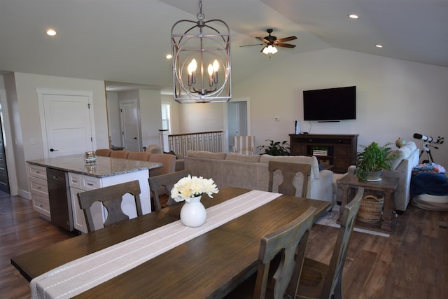 7272 S 7 Mile Rd, Freeland, MI 48623 - dining area featuring lofted ceiling, dark wood-type flooring, a chandelier, a ceiling fan, and recessed lighting