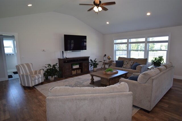 7272 S 7 Mile Rd, Freeland, MI 48623 - living room with vaulted ceiling, a ceiling fan, healthy amount of natural light, dark wood-type flooring, and recessed lighting