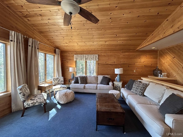3260 Herron Dr, Gwinn, MI 49841 - carpeted living area with wooden walls, wooden ceiling, and ceiling fan